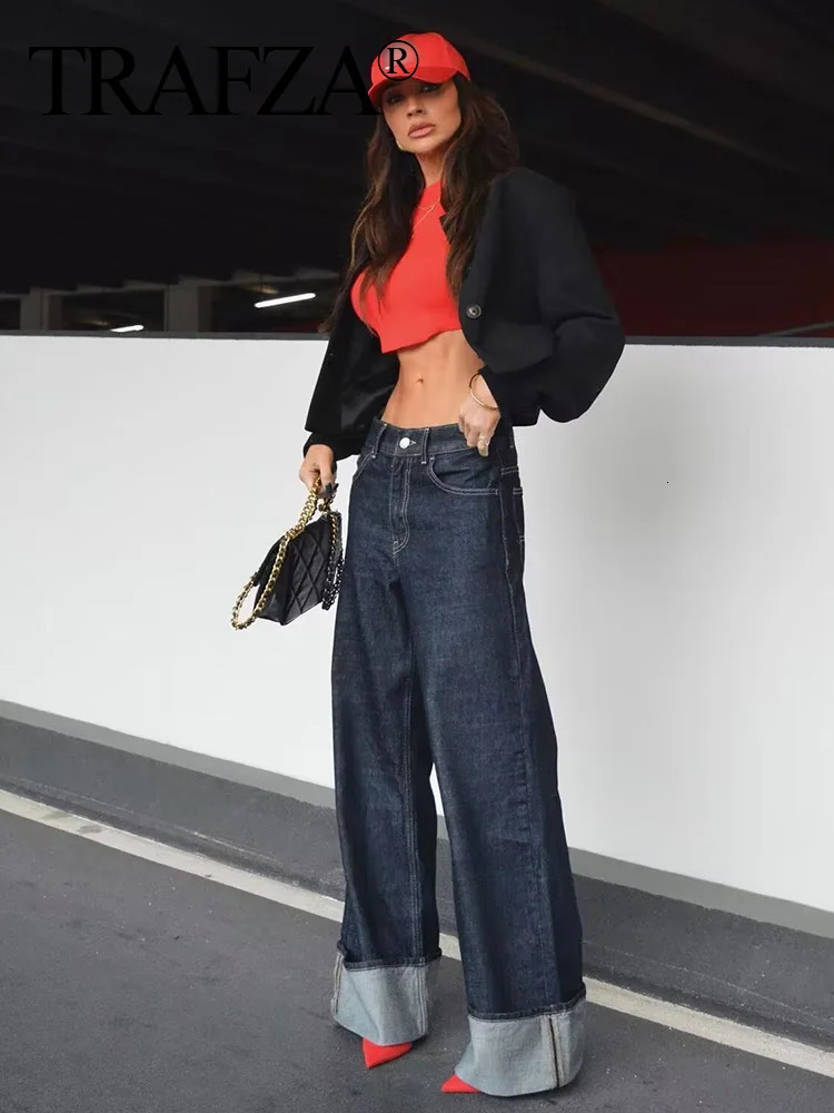 TRAFZA Women Fashion Denim Set Casual Lapel Long Sleeve Crop Jacket Buttons Female Vintage Wide Leg Loose Jeans Long Pants 250808