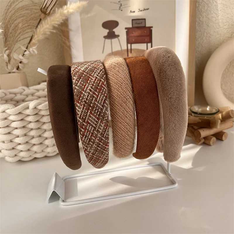 Winter Fashion Coffee Color Latt Sponge Band for Women Girl Plush Wide Side Hairband Velvet Hair Hoop Hair Accessories X250812