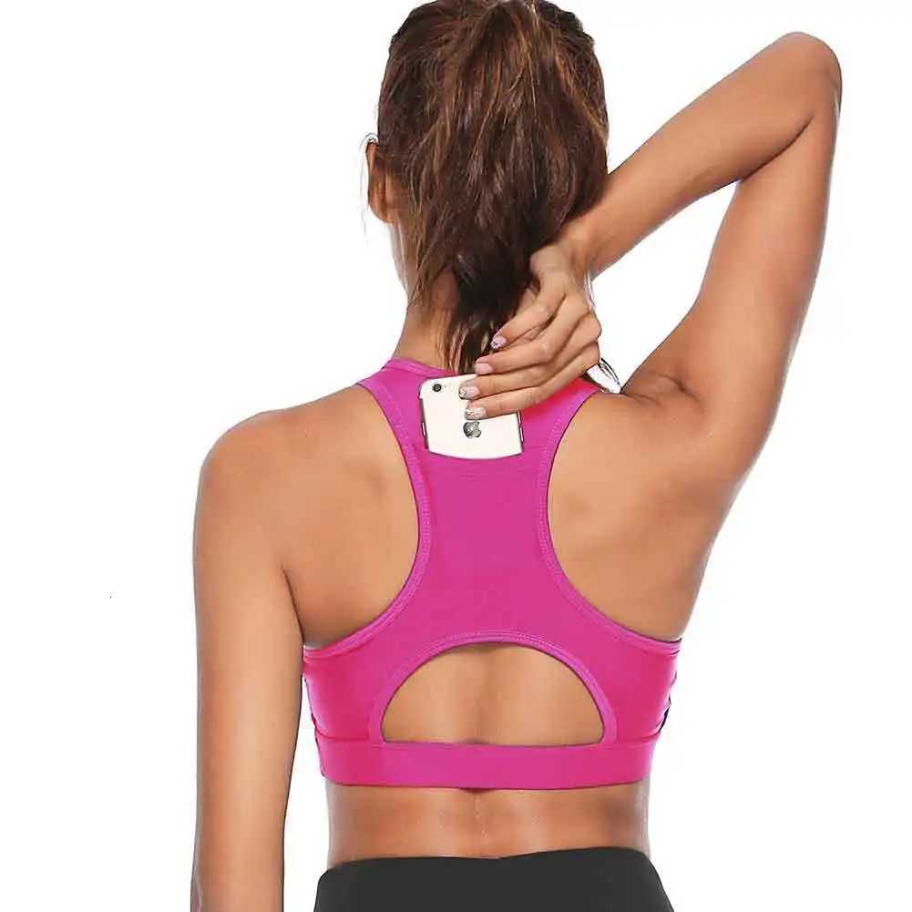 Women Workout Tank Top Gym Stretch Phone Pocket Hollow Sports Running Bra Padded Fitness Sports Bra Top Push Up Bra 2021 Z250812