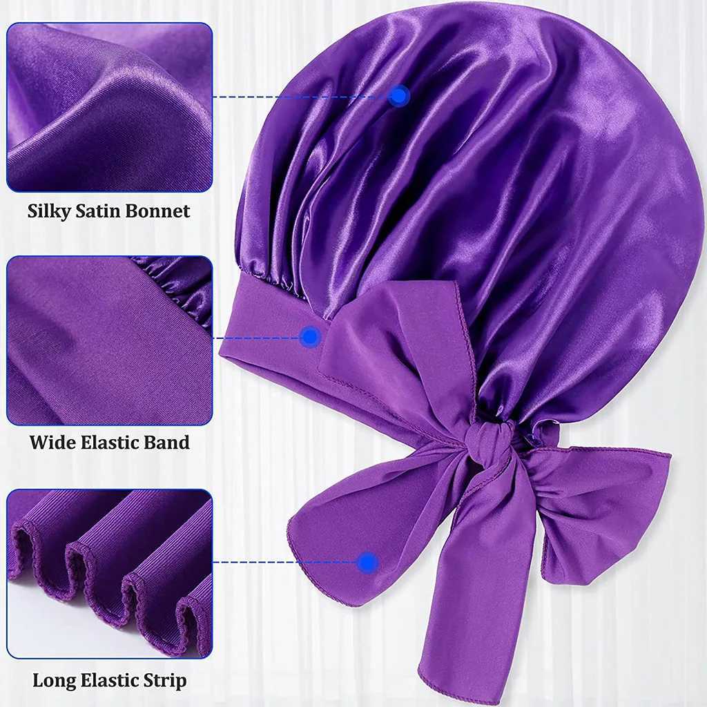Women Satin Widened Sleep Hat Night Sleep Cap with Long Streamer Hair Care Bonnet Nightcap Elastic Cap De Nuit Shower Turban XJ250812