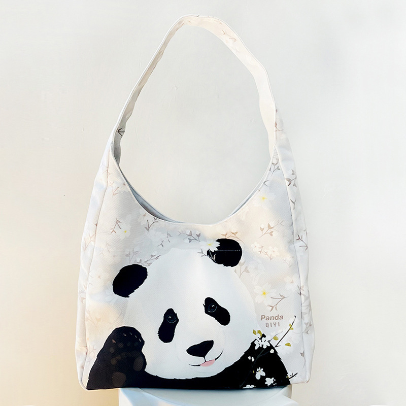 New Chinese Style Casual Floral Canvas Cute Panda Tote Female Students Large Capacity Shoulder Bag for Class