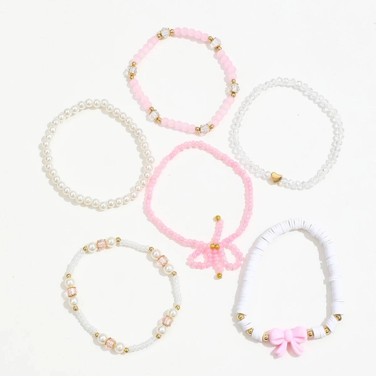 6Pcs/Set European and American Cute Pearl Love Beaded Bow Bracelets Set For Women Simple Design Sweet Jewelry Gifts