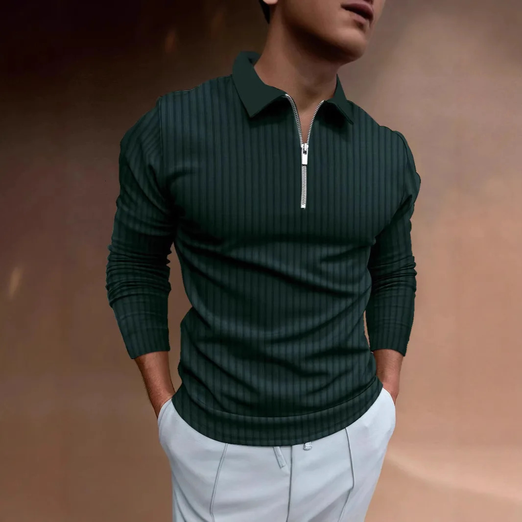 Mens Polo Shirt with Collar Stripes Long Sleeves and Zipper 250811