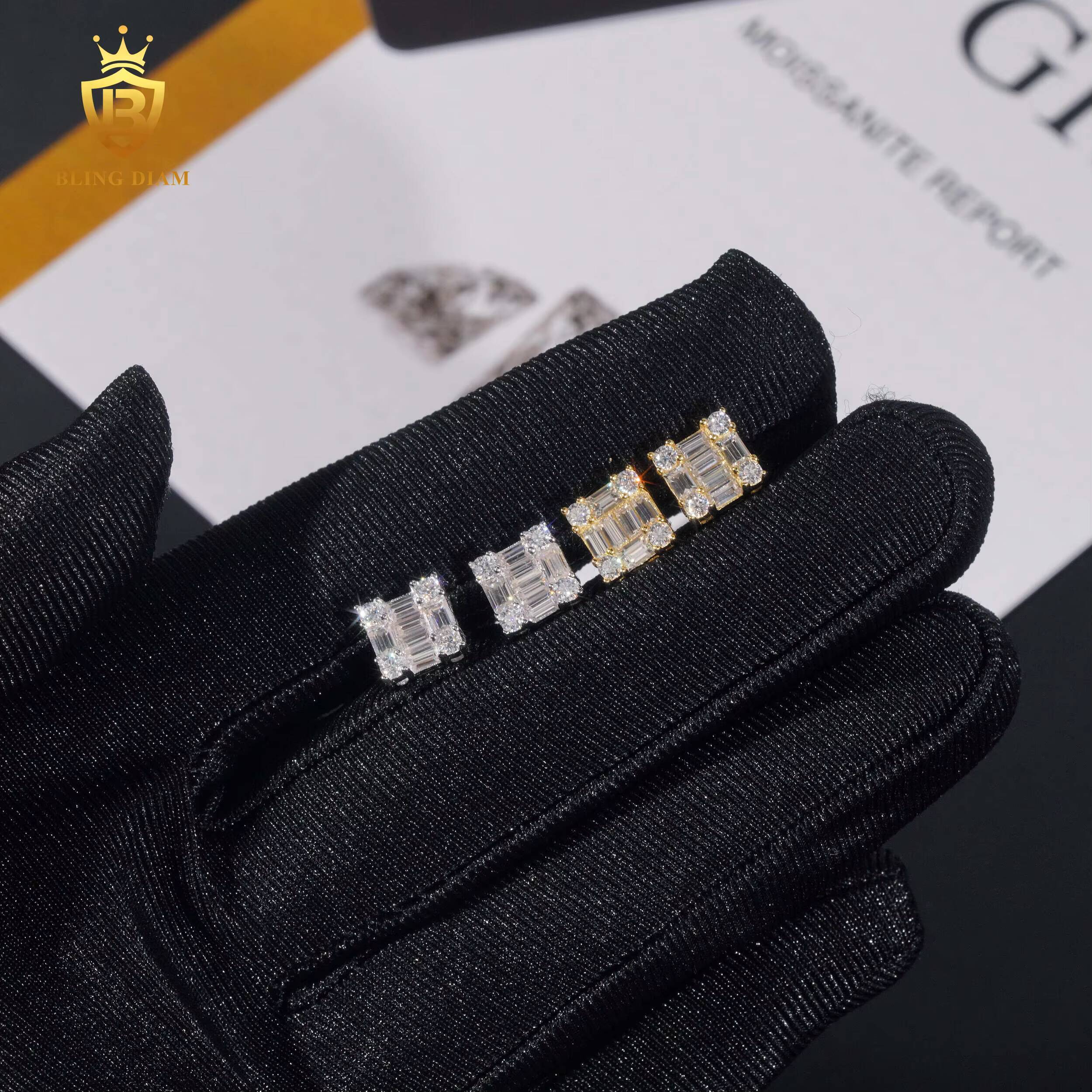 Fashion Jewelry 925 Silver Emerald Cut Luxury Design Iced Out VVS Moissanite Diamond Square Stud Earrings for Men Women