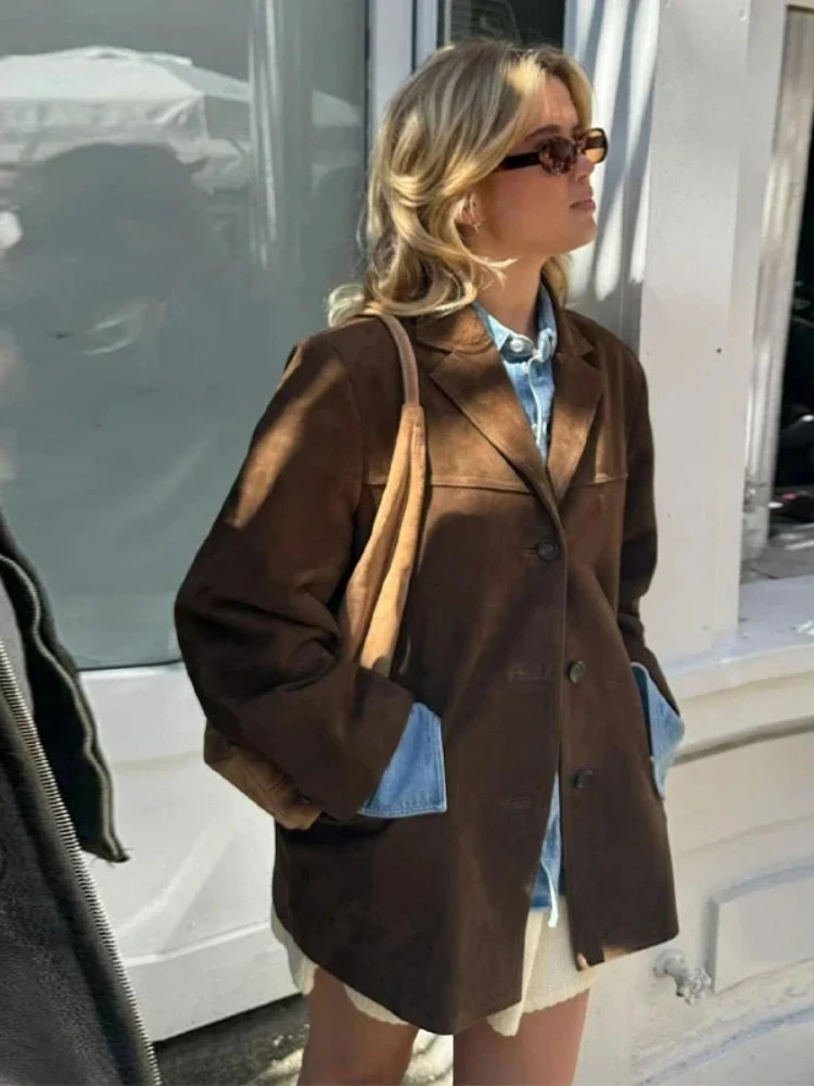 Vintage Brown Suede Leather Blazer Jackets For Women Winter Fashion Lapel Single Breasted Pockets Crop Coats Women Outwear 250811
