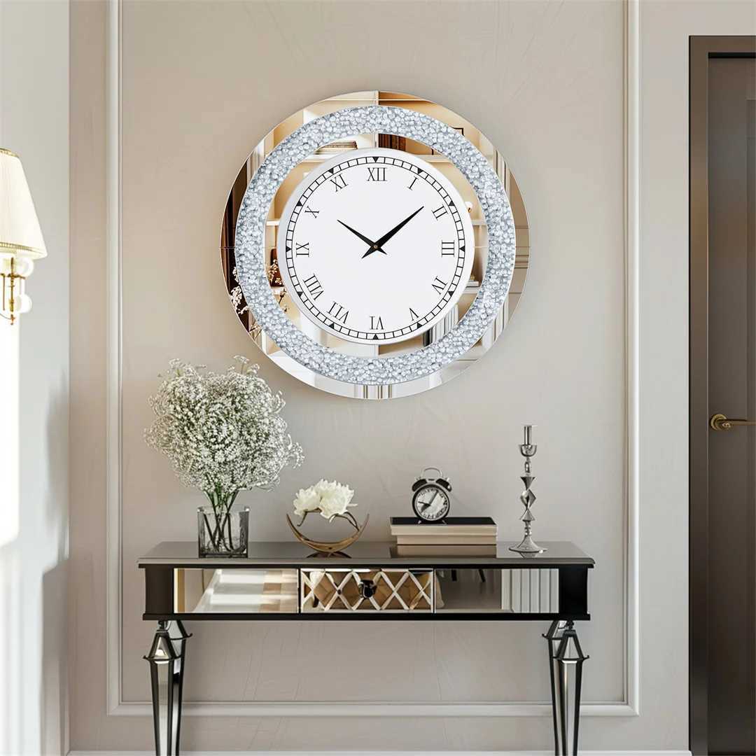 LUVODI Wall Clock Mirror Clock Sparkle Bling Round Diamond Wall Clock with Silver Tawny Tinted Crystal Crushed S25812 W251028