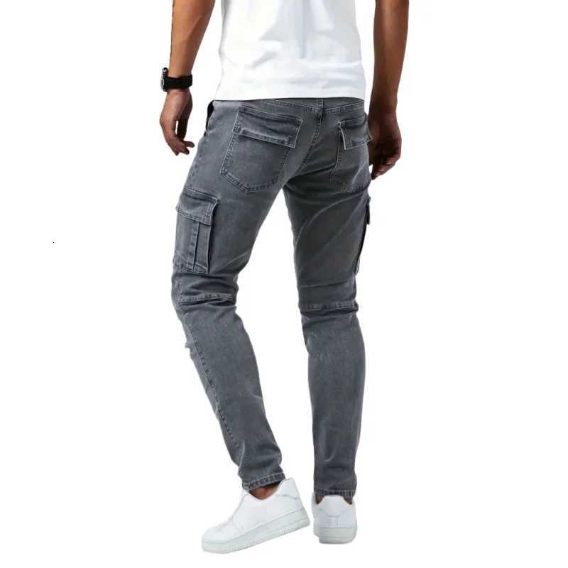 Men Pants Wash Solid Color Multi Pockets Denim Mid Waist Cargo Jeans Plus Size Fashion Casual Trousers for Men Daily Wear X250812