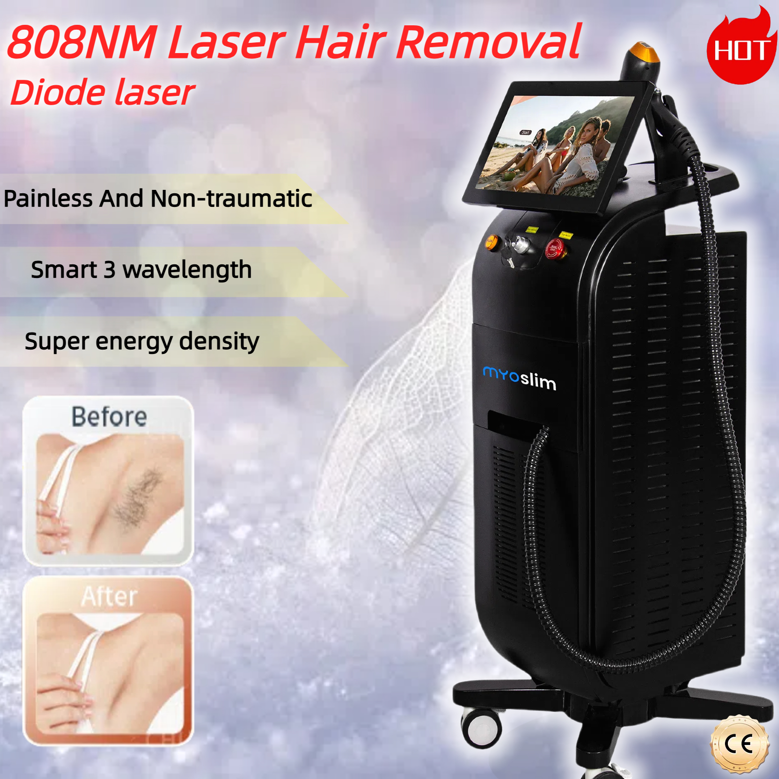 808nm Laser Hair Remover Painless Non-Invasive High Power Safe Fast Sapphire Cooling Technology Professional At-Home Use All Skin Tones Body Parts Fac