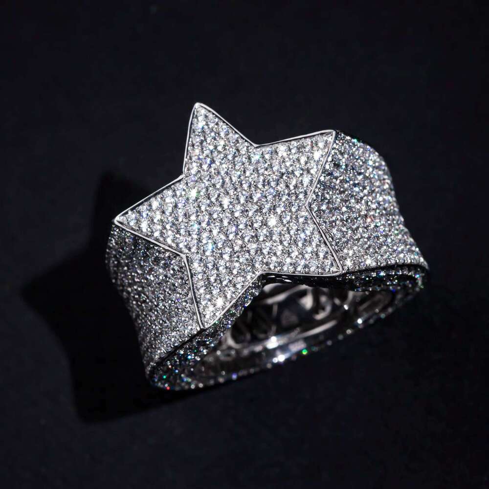 Hip-Hop Rock Style Iced Out 5-Point S Plated White Gold with DEF VVS Moissanite Men's Ring Popular Star Fashion