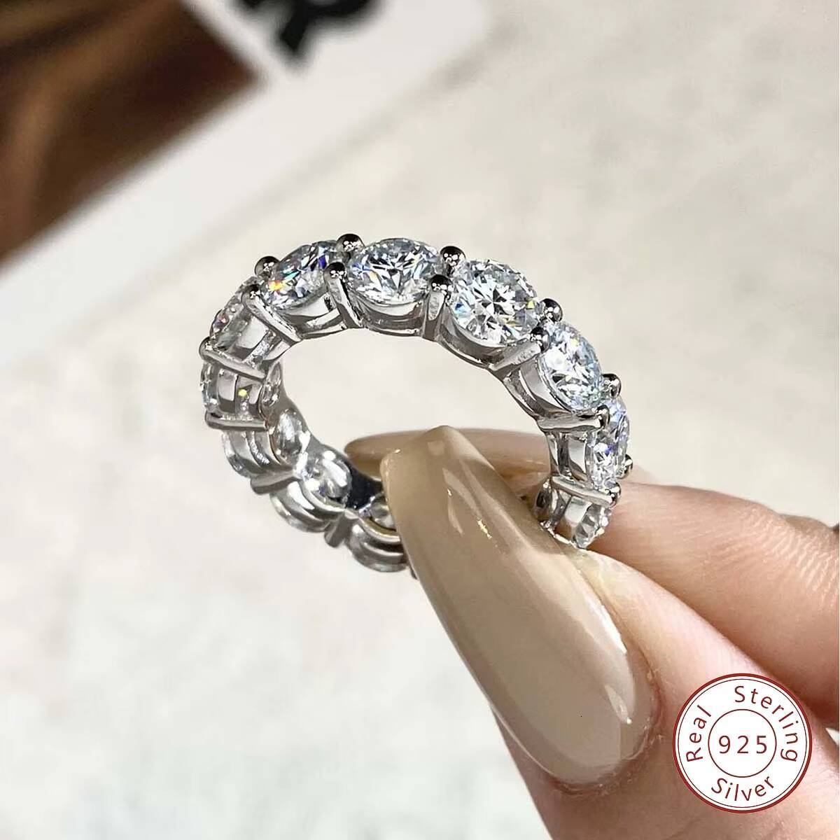 Custom Fine Jewelry Rings 925 Sterling Sliver Eternity Band Moissanite Diamond Ring for Women
