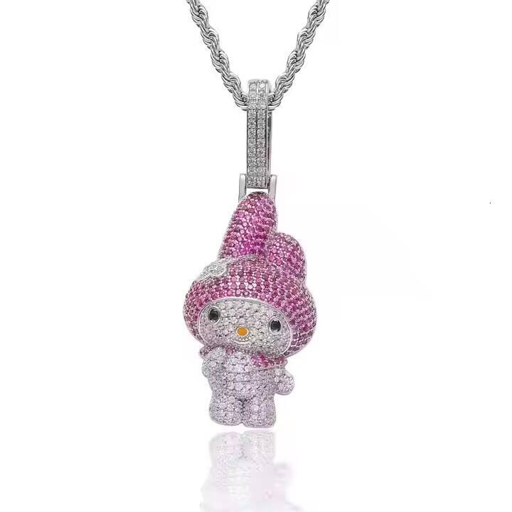 1 Inch Cute Pink Cartoon Character Iced Out Pendant Necklace 925 Silver Luxury Lab Grown Diamond Bling Jewelry for Women USA
