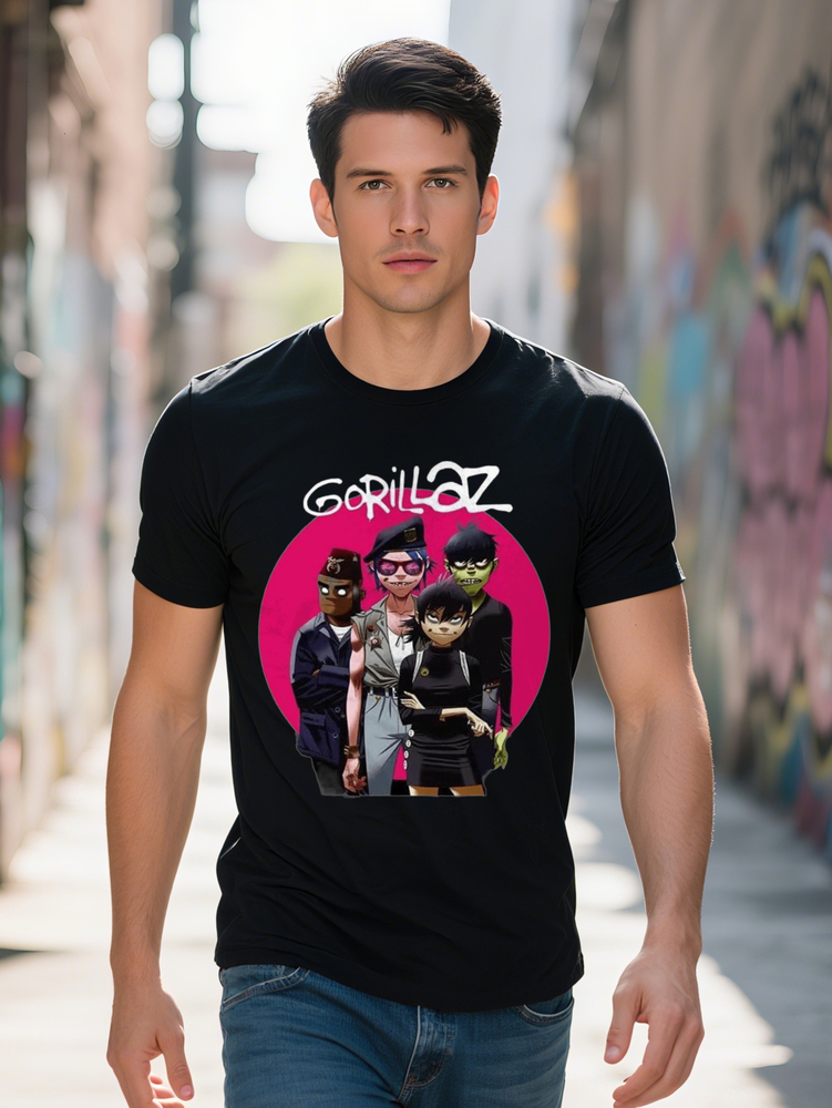 Gorillaz Men's Black Cotton Graphic T-Shirt Soft Breathable Short Sleeve Tee with Band Design Comfortable Casual
