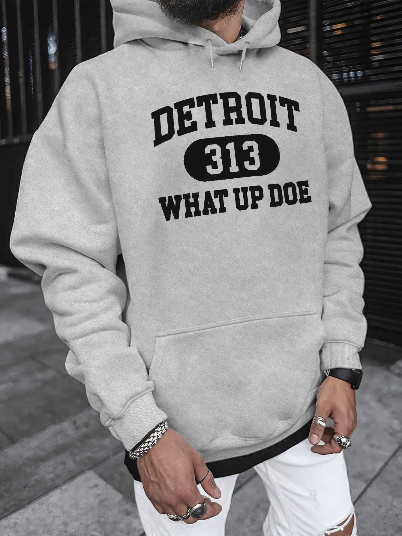 DETROIT 313 WHAT UP DOE MenS Hooded Sweatshirt - Casual Long Sleeve Printed Pullover for Autumn Winter loose Sweatshirts Y250811