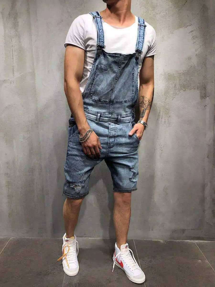 One Piece Jumpsuits Denim Men Jeans Overalls High Street Pockets Cargo Straight Pants Solid Washing Distressed Spliced X250812