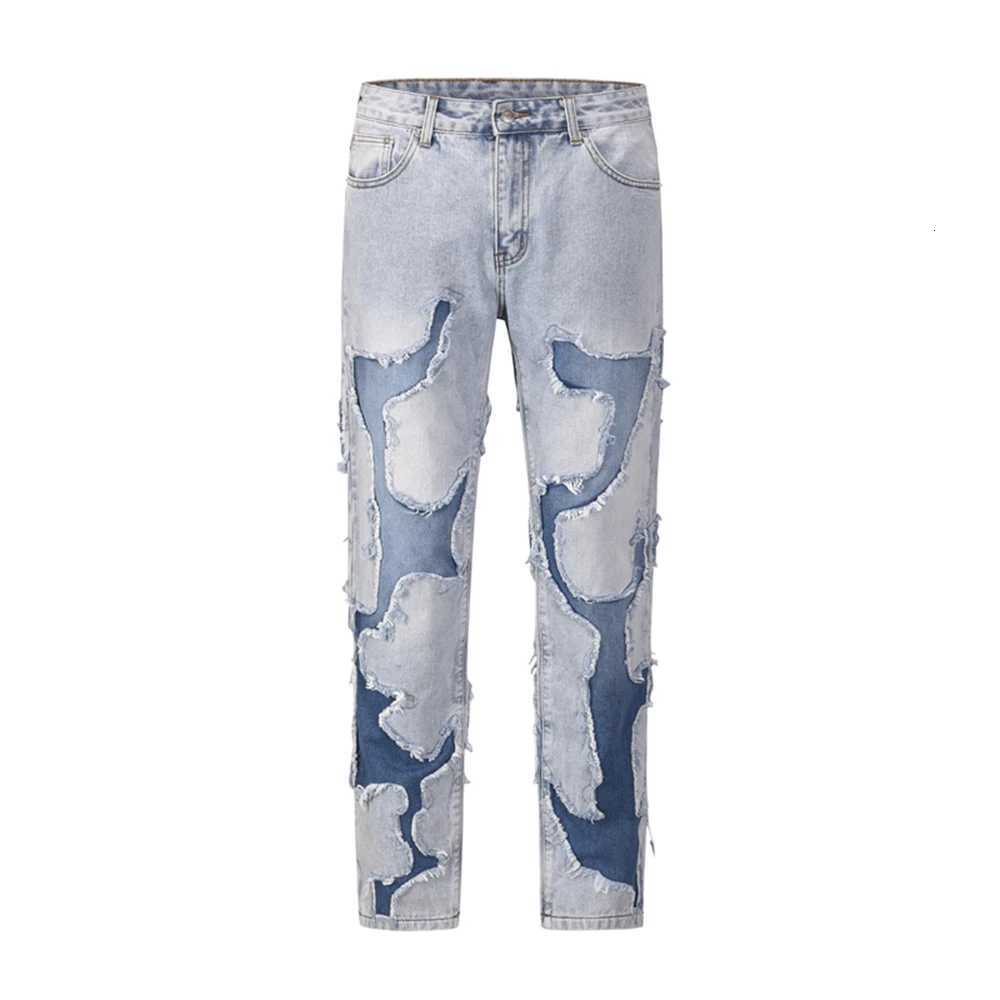 High Street Style Patchwork Frayed Jeans Pants for Men Retro Washed Hole Ripped Casual Loose Denim Trousers Oversized X250812