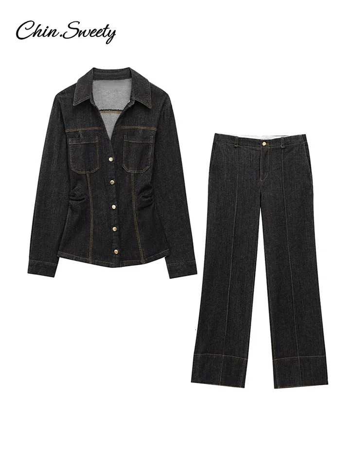 Denim Jeans Suits Women Waist Up Lapel Single Breasted Long Sleeve Coat Wide Leg Pants Spring Pleat High Street Sets 2 Pieces 250811