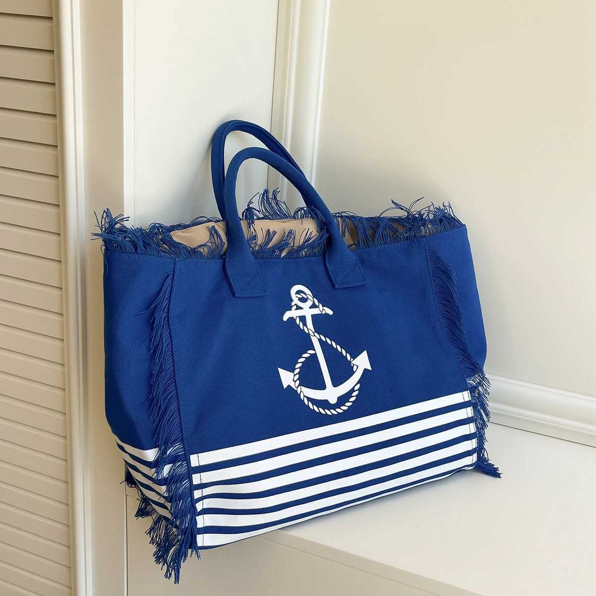 Womens Nautical Tote Bag Anchor Print Striped Design Fringe Trim Large Capacity Open Top Shoulder Bag Lightweight Polyester Z250812