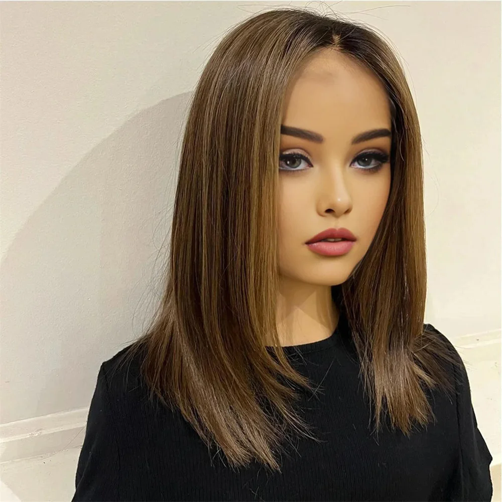 Highlight Blond long full lace straight natural dark brown Human Hair Wig With Baby Hair HD Lace European Hair lace front Preplucked