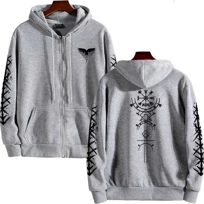 Viking Raven Print Hoodie Men 2025 Winter Zipper Sweatshirt Casual Sporty Pullover Hooded Coat Y2k CloTHes Y250811