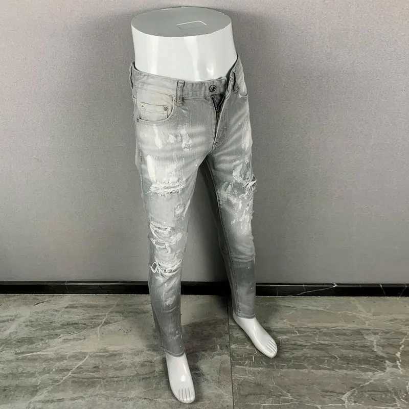 High Street Fashion Men Jeans Retro Gray Stretch Slim Fit Ripped Jeans Men Painted Designer Hip Hop Brand Denim Pants Hombre X250812