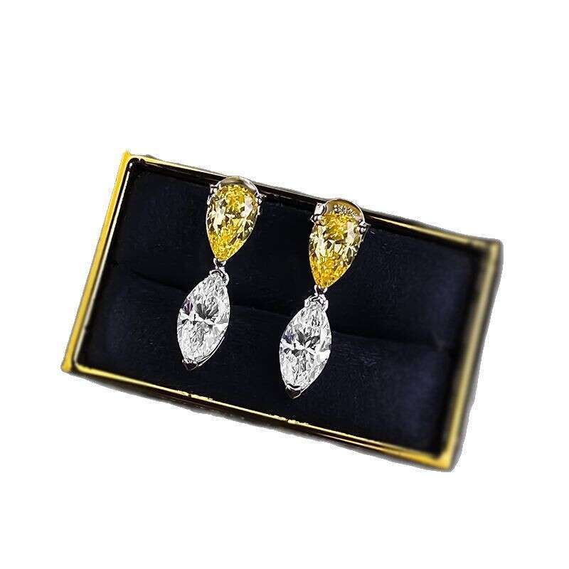 Mujing Jewelry New S Sier Water Drop Horse Eye Double Stone White Yellow Contrast Earrings Zirconia Light Simple