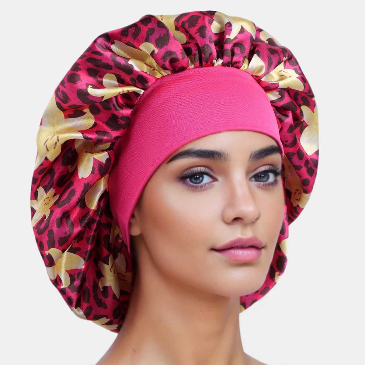 1pc Womens Satin Sleep Cap with Leopard Print and Lily Flowers Elastic Wide Brim Soft for Sleeping and Daily Use XJ250812