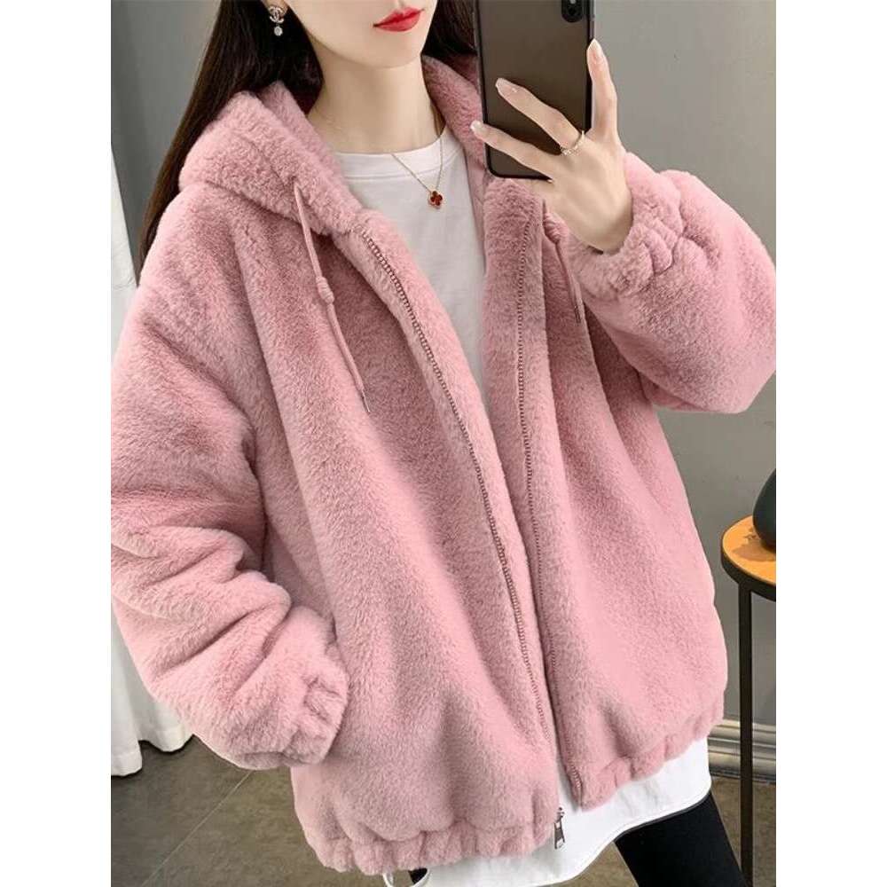 Imitation Lazy Rabbit Fur Fur Women's Medium to Long Loose Thick Lamb Fur Coat Hooded Fur Plush Coat