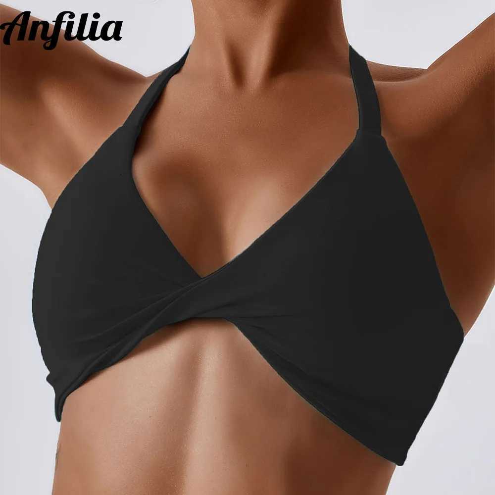 Anfilia Women Sports Bras Solid Halter Neck High Elastic With Removable Padded Gym Crisscross Strappy Back Running Tops Z250812