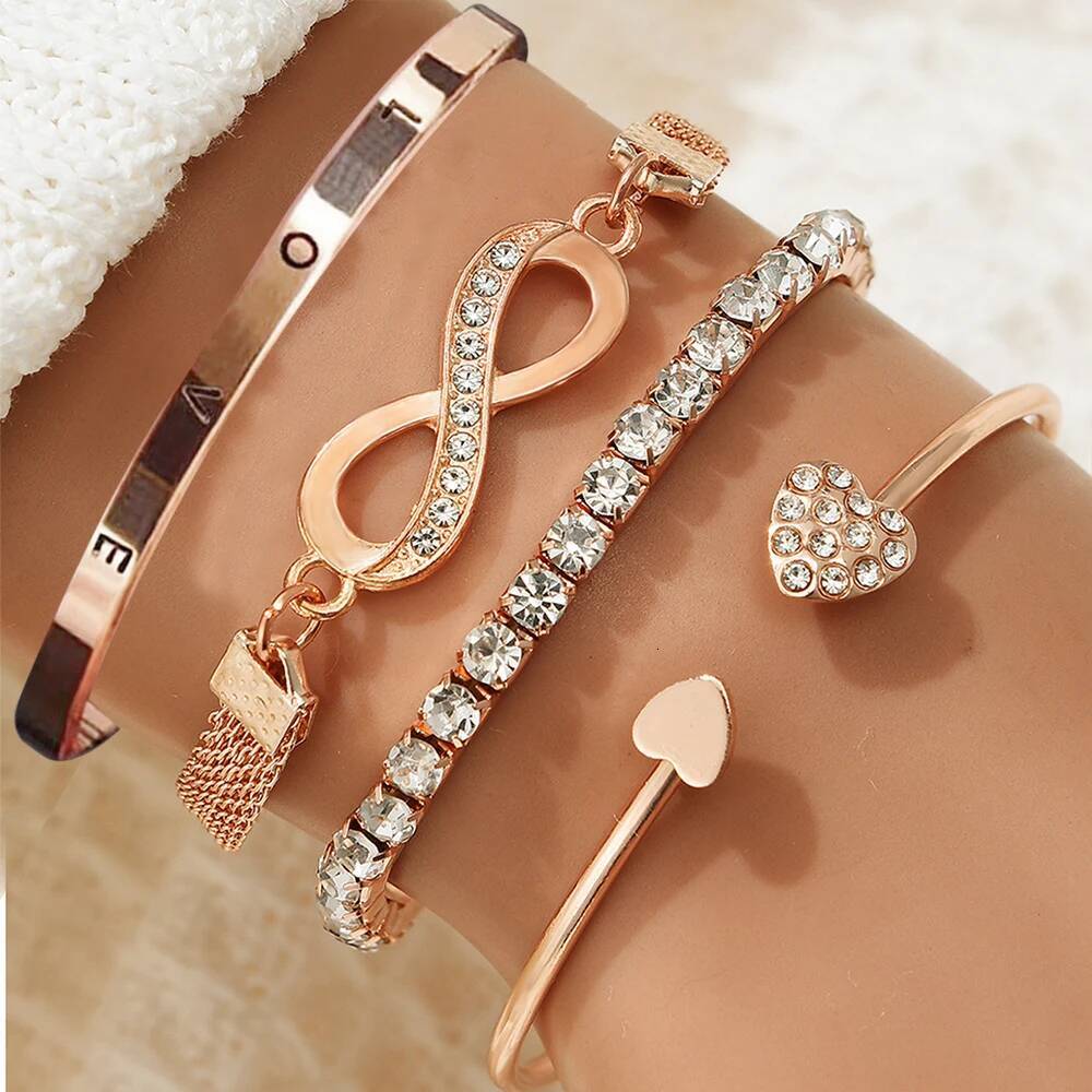 Vintage Elegant 4pcs Bracelet Set Adjustable Heart Infinity Bangle - Women's Daily & Gift Ocn Jewelry