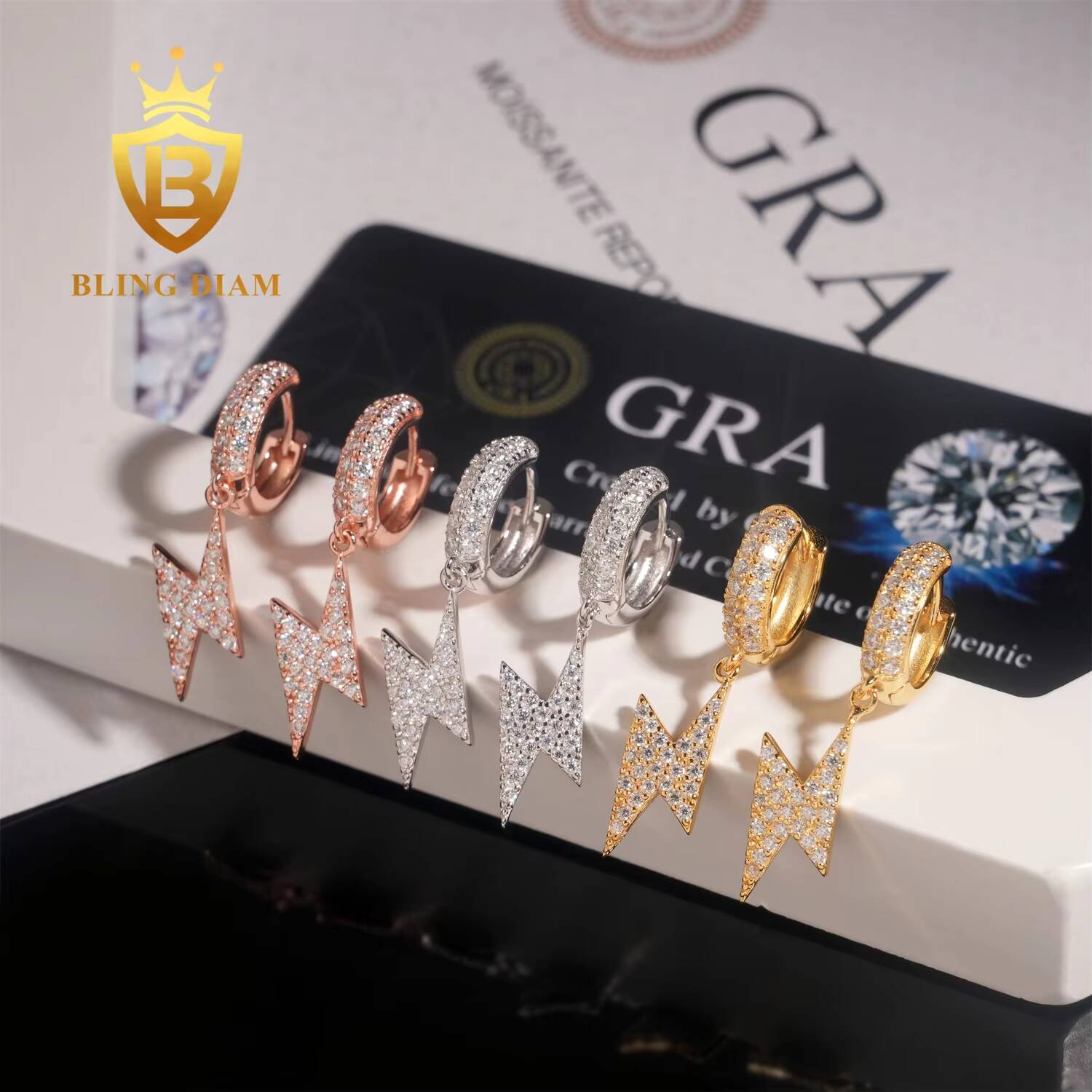 New Fashion VVS Moissanite 925 Sterling Silver Iced Out Jewelry Lightning Charm Diamond Earrings