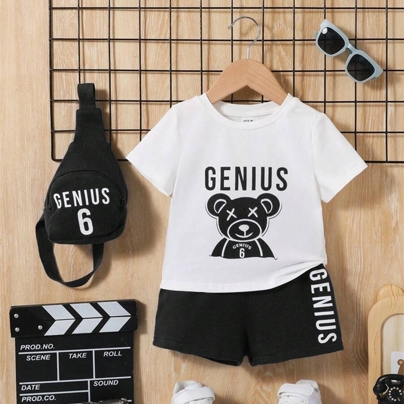 02 year old born boys and girls summer cartoon printed white short sleeve top black letter shorts set w250725