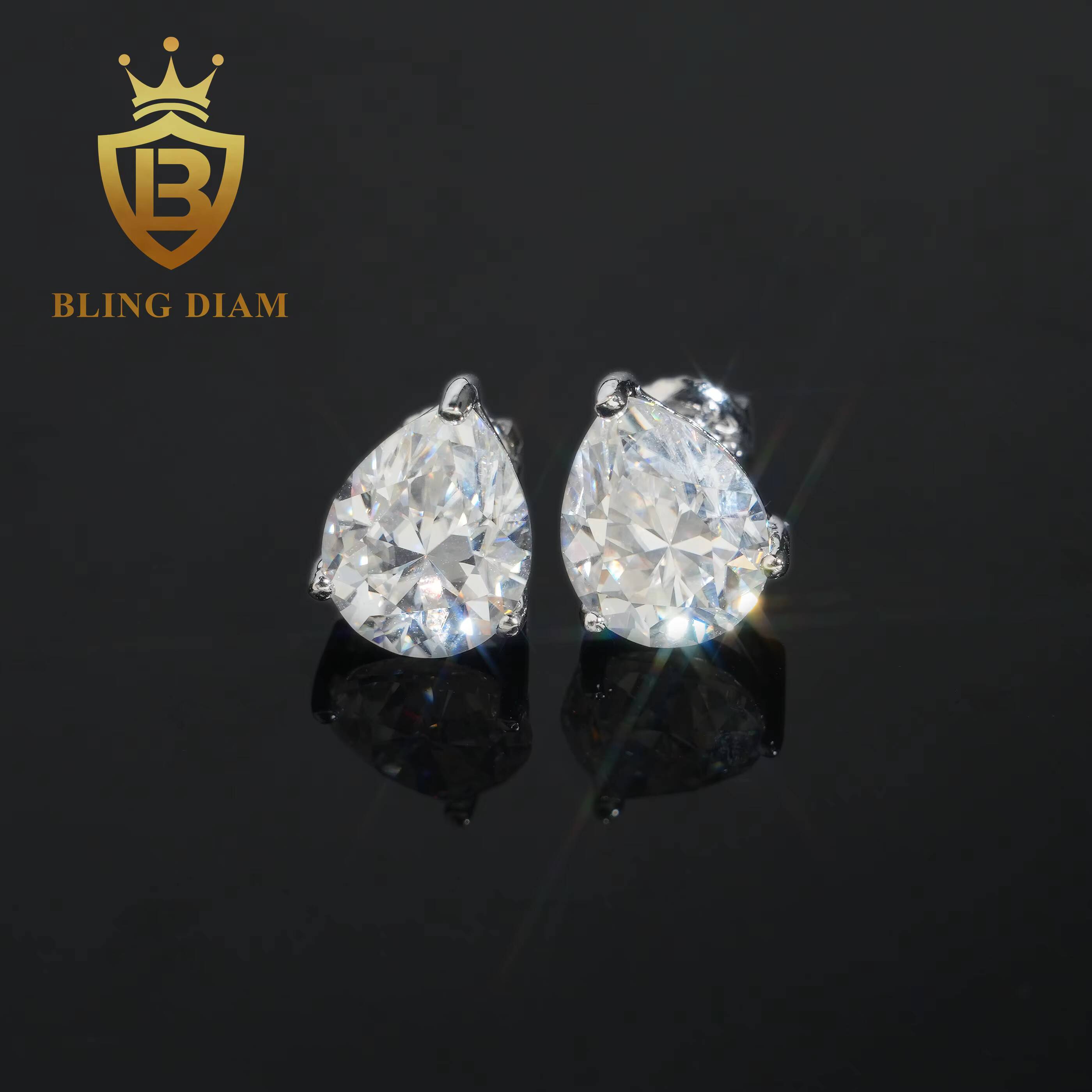 GRA Certificate 2ct Pear Cut Moissanite Diamond Earrings 925 Sterling Silver Hip Hop Stud Earrings Screw Back