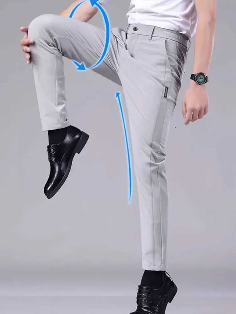 Mens Casual Pants Semi Elastic Waistband Nylon Ice Silk Elastic Straight Tube Light Gray Business Gentleman Summer Casual W250812