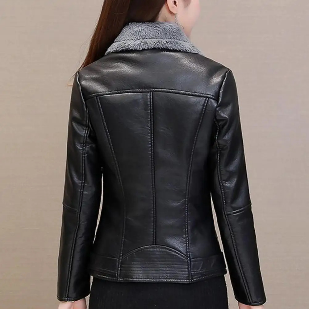 Plush Lapels Faux Leather Jacket For Women Leater Jacket Spring Autumn Slim Fit Cardigan Coat Outerwear Lady Short Jacket 250811