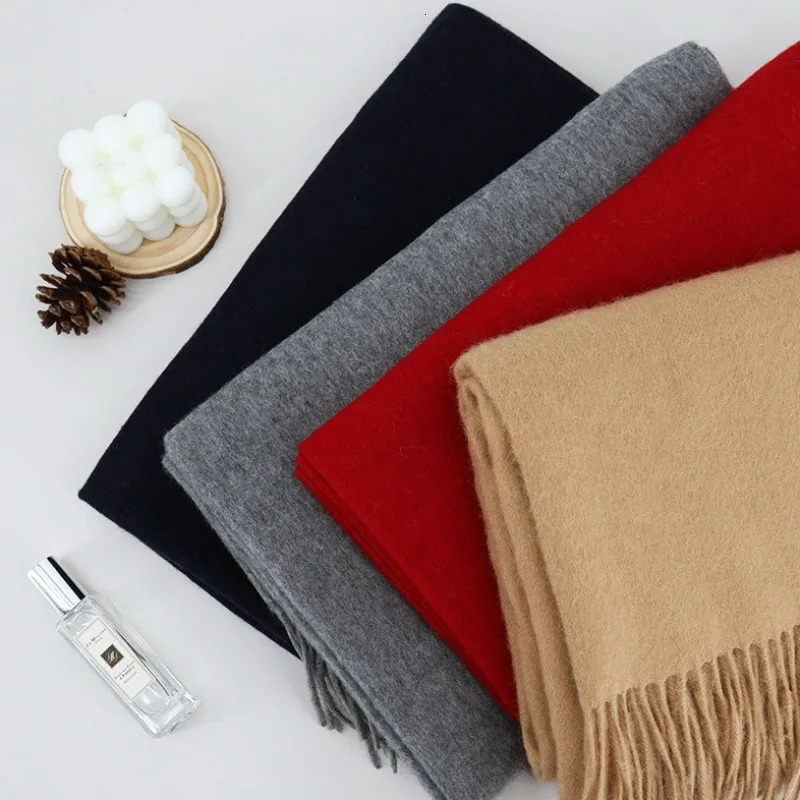 100% Pure Wool Scarf Autumn Winter Minimalist Fringe Ends Warm Shawl Fashion Classic Large Size 200cm Simple Scarf 250812
