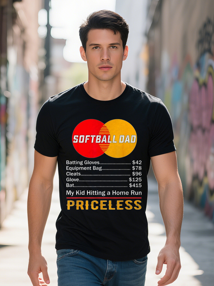 Softball Dad T-Shirt My Kid Hitting a Home Run Priceless Moment Men's Casual Black Short Sleeve Tee Plus Size L XL