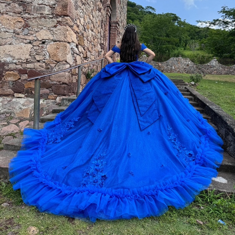Royal Blue Shiny Quinceanera Dresses Off The Shoulder Applique Flower Bow Beads Tull Party Birthday Ball Gown Vestidos De 15 Anos Sweet 16 Dress