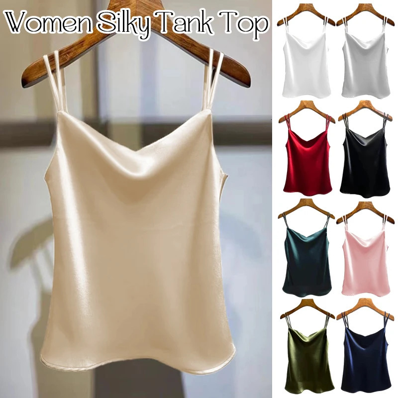 Womens Silky Satin Summer Camisole VNeck Spaghetti Strap Sleeveless Tank Top Solid Colors Sizes M4XL Sexy 250804