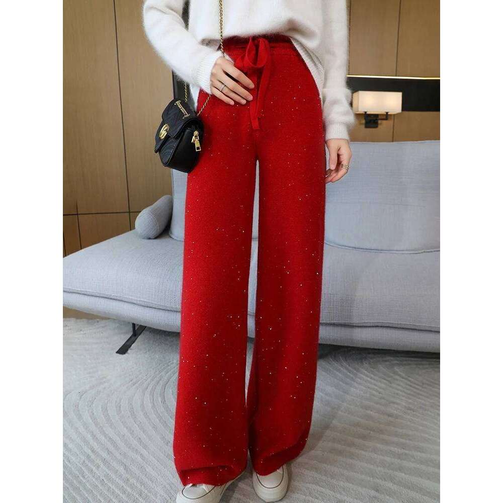 100% Merino Wool Wide Pants Women Autumn Winter Gold And Sier Silk Bead Knitted Narrow Version Straight Leg Casual Trouser 20250811
