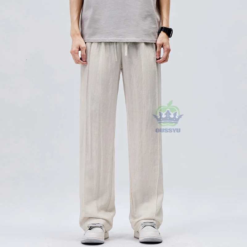 ousyu brand clothing lyocell linen fabric casual pants men summer thin elastic waist outdoors jogger wrinkled outdoor trousers W250812