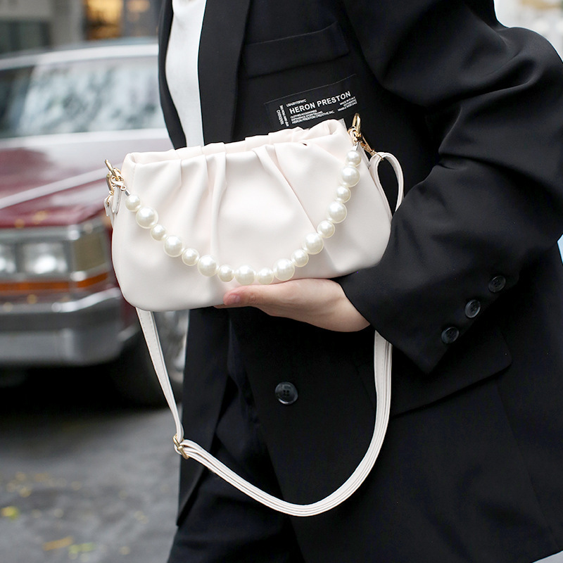 for Women New High-End White Pleated Cloud Ins Popular Pearl Handbag Underarm Shoulder Bag