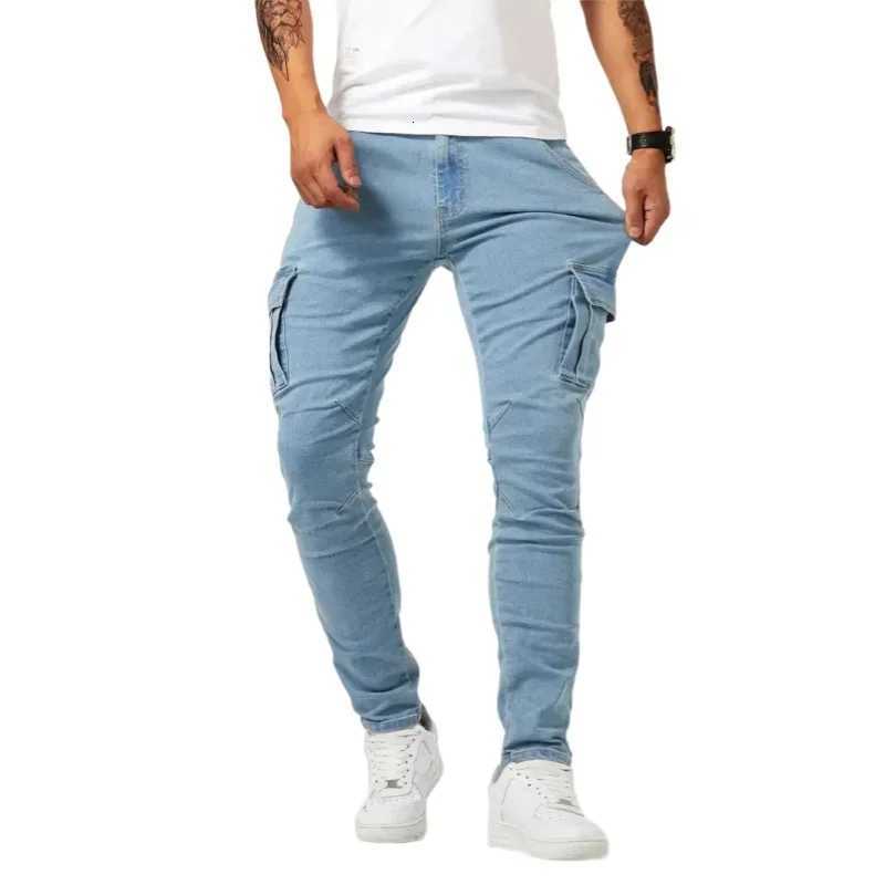 Men Elastic Skinny Jeans Solid Denim Pants Slim Fit Casual Jeans Multi Pocket Cargo Pants Fashion Casual Trousers Men Clothing X250812