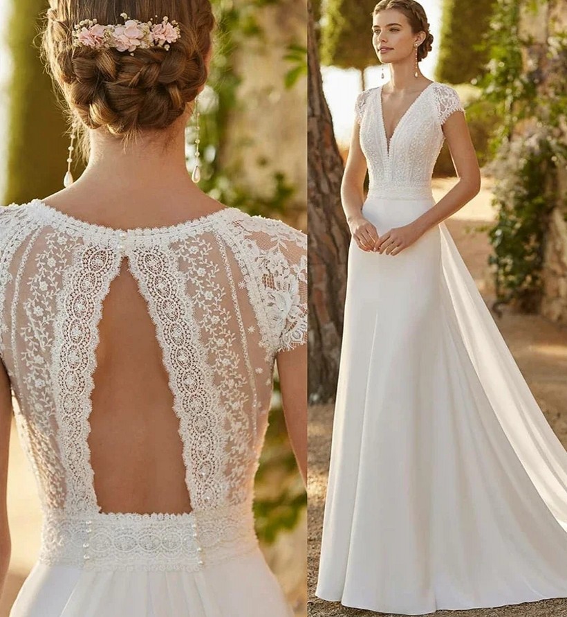 2025 Elegant Wedding Dresses V-Neck Embroidery Appliqued Lace Short Sleeve A Line Satin Boho Bride Bridal Party Grown Vestidos De Noiva