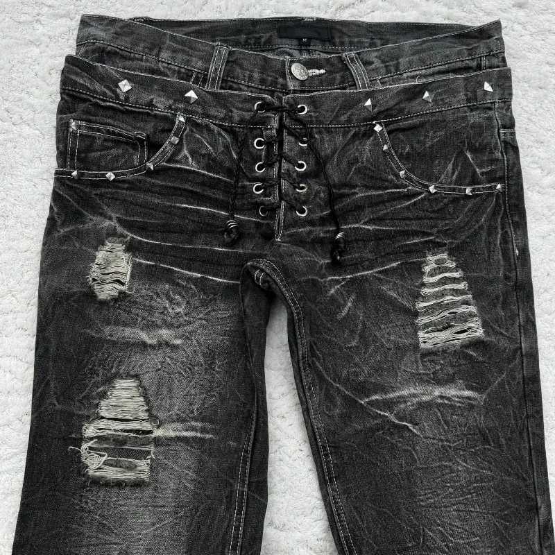 2K Gothic Baggy Jeans Trend Double Waist Washed Holes Wide Leg Pants Men Women Streetwear Vintage High Street Denim Trousers X250812