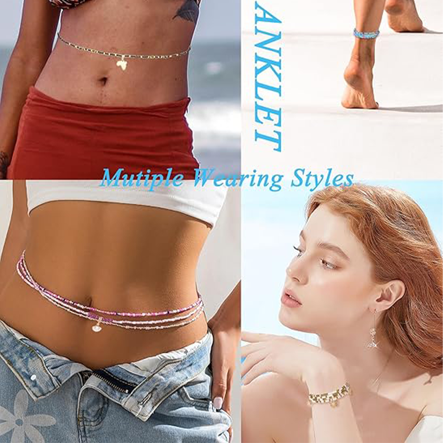 8Pcs 31.5 Inches African Waist Bead Chain Elastic Belly Beads Butterfly Shell Layered Body Chain Colorful Jewelry Accessories for Women