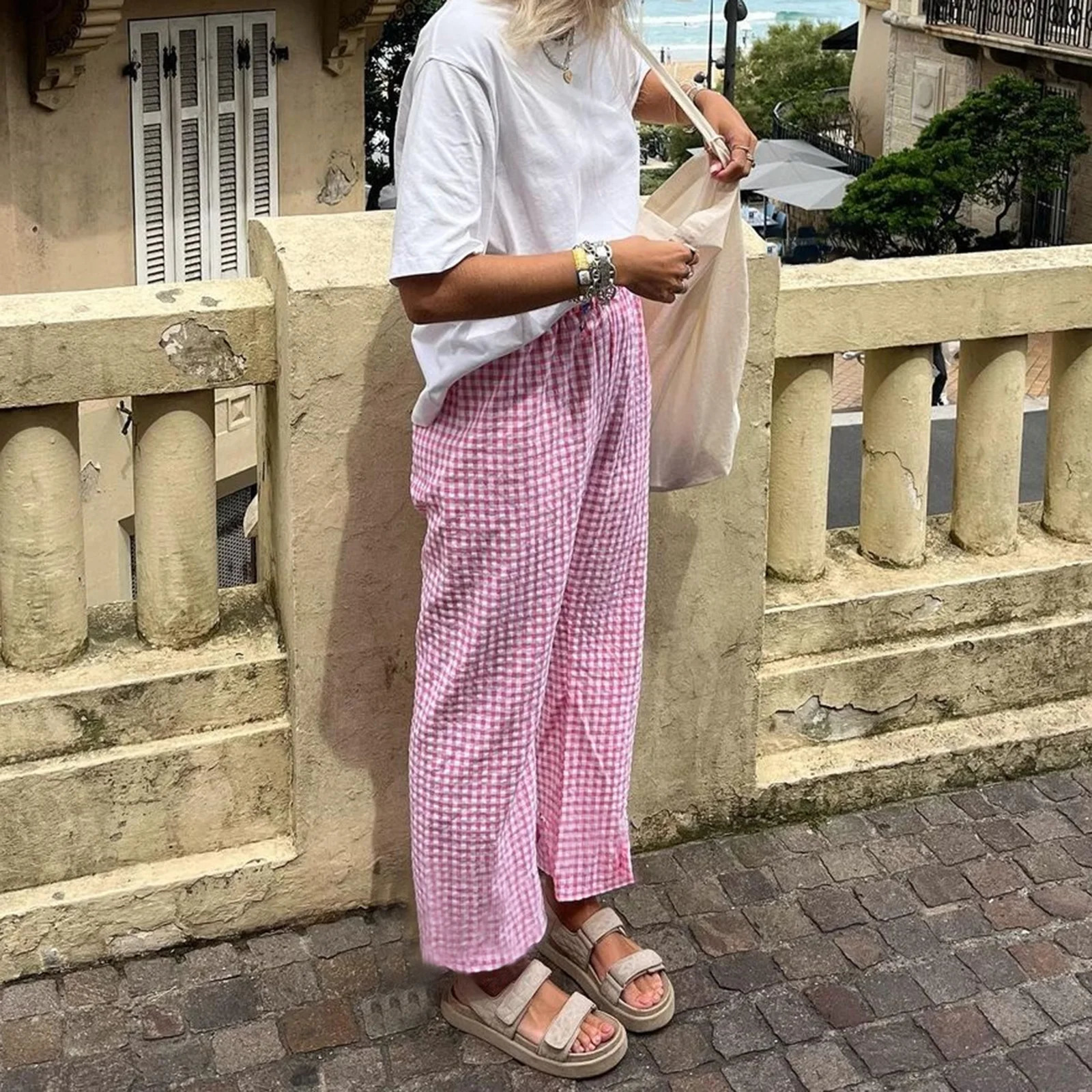 Women Y2K Aesthetic Gingham Print Pants Elastic Waist Dreawstring Wide Leg Trousers Checkered Casual Lounge Pants with Pockets 250811