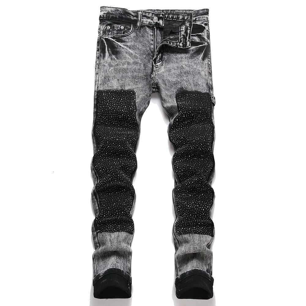 Men Crystal Patch Denim Jeans Streetwear Slim Straight Pants Gray Black Stretch Cotton Trousers X250812