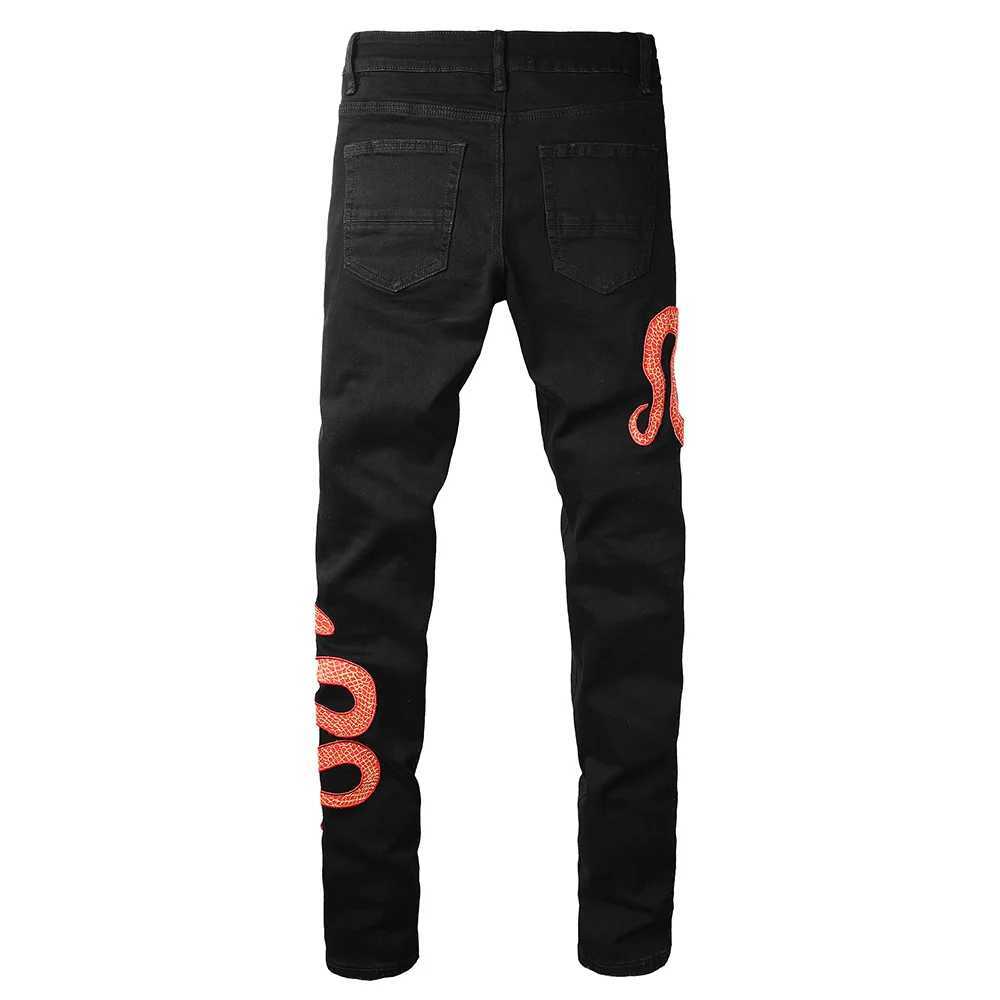 Mens Black Snake Embroidery Stretch Denim Jeans Pants Skinny Tapered Pencil Trousers With Snakeskin Leather Patch X250812