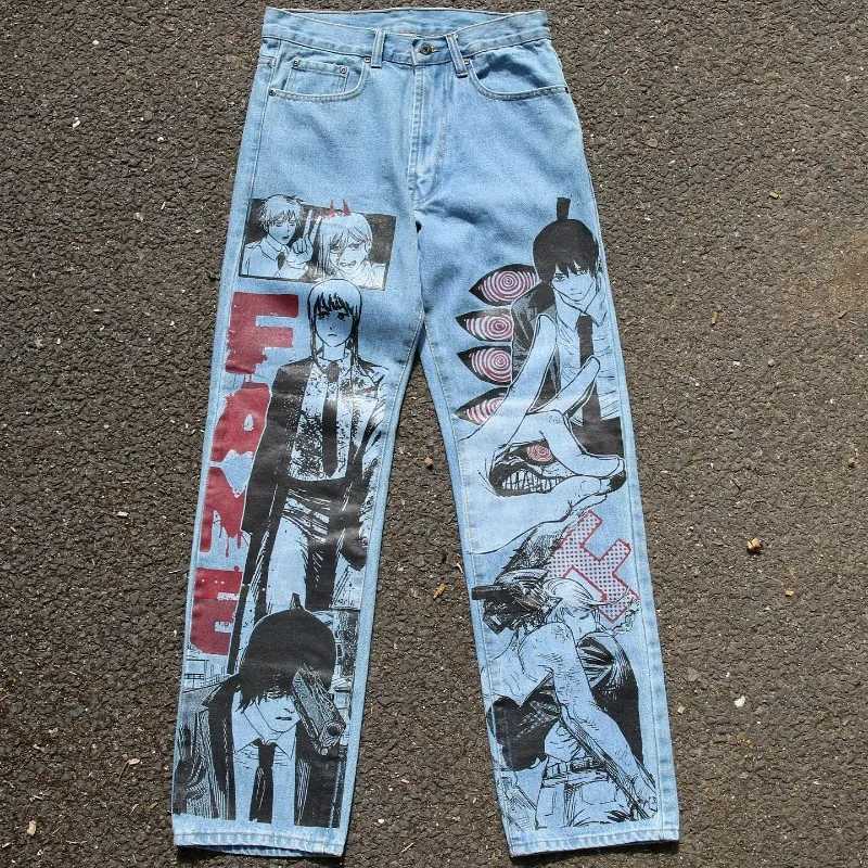 2K Anime Baggy Denim Trend Hand Drawn Printed Pattern New Men Women Pants Hip Hop Retro Harajuku Streetwear Unisex Casual Jeans X250812