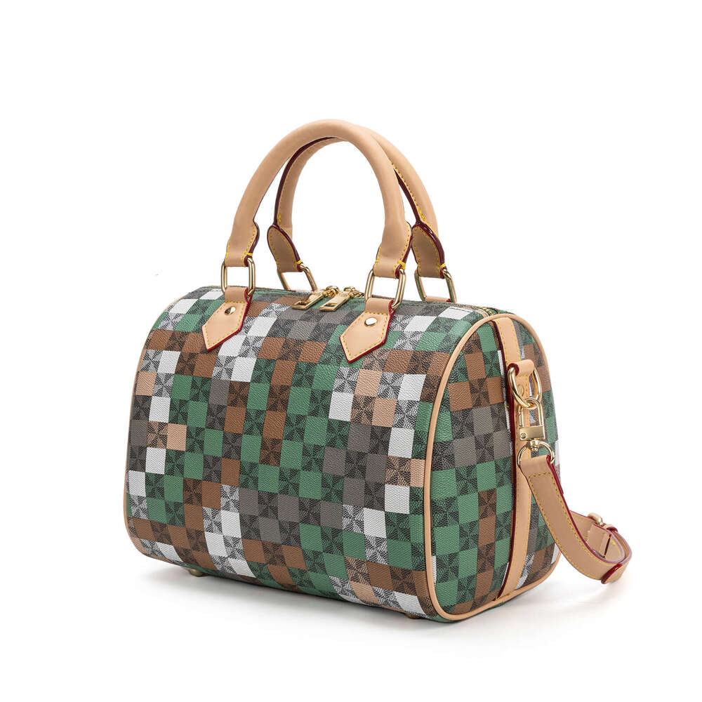 Lacel Urwebin Women's Vintage Checkered Plaid Boston Bag, Green Brown White Gray Pattern, Top Handle & Adjustable Crossbody Strap, PU Leather Mat
